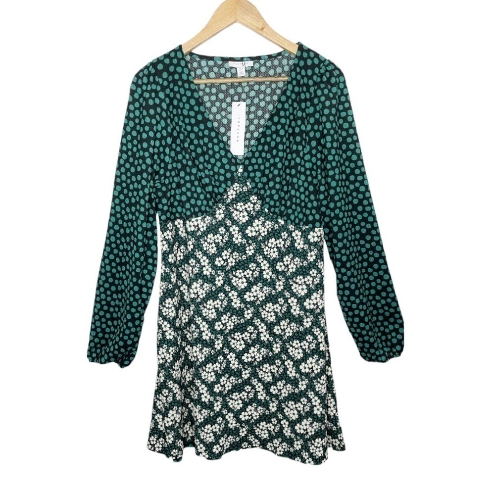 Topshop Spot and Floral‎ Long Sleeve Tea Dress Green NWT